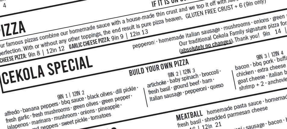 Jac's Cekola's Pizza menu